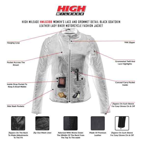 womens black goatskin leather motorcycle fashion jacket | lace | grommet