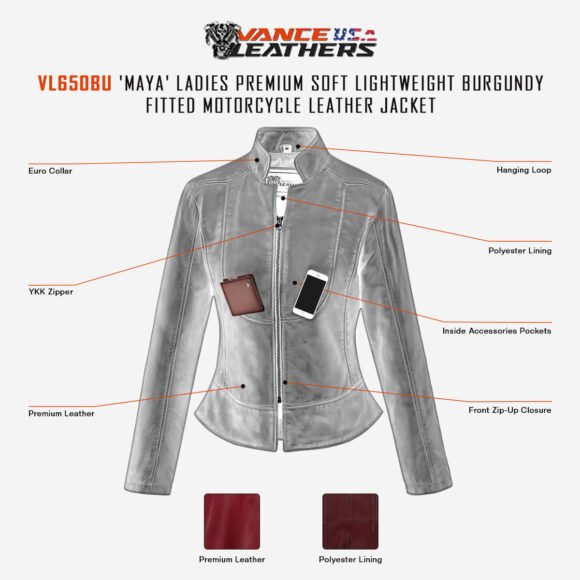 vance maya womens lightweight burgundy fitted leather jacket