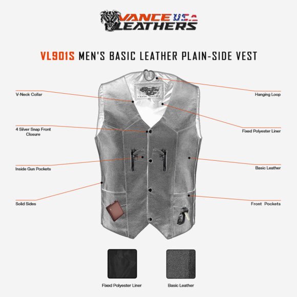 vance mens classic western black leather vest