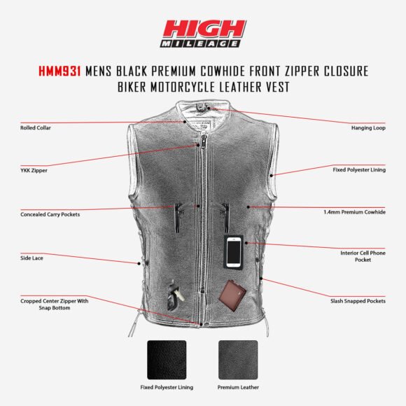 mens black premium cowhide biker vest | front zipper