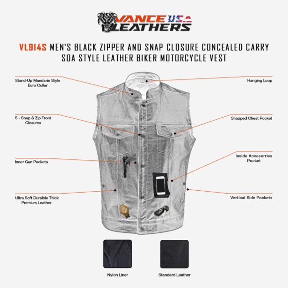 mens black leather concealed carry motorcycle vest