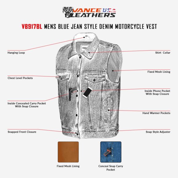 mens blue jean style denim biker vest