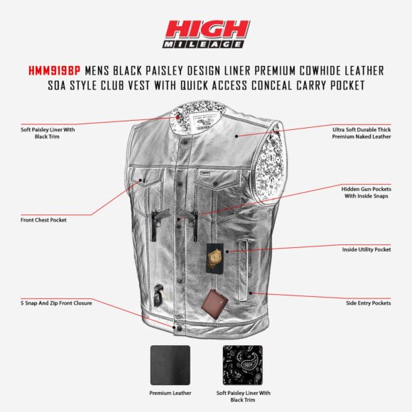 high mileage mens black cowhide leather club style vest | ccw pockets