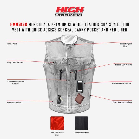 mens black premium cowhide club style vest | quick access ccw | red liner