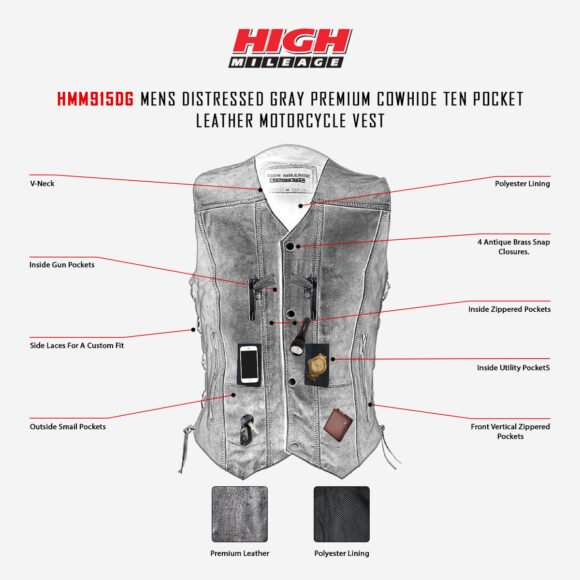 mens high mileage distressed gray cowhide ten pocket motorcycle vest