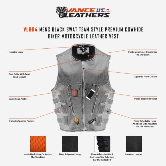 mens black swat style leather motorcycle vest