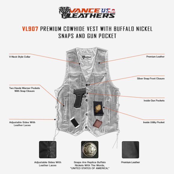 mens leather biker vest | buffalo nickel snaps | double conceal carry pocket