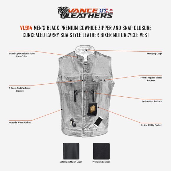mens black cowhide concealed carry leather biker vest | zipper