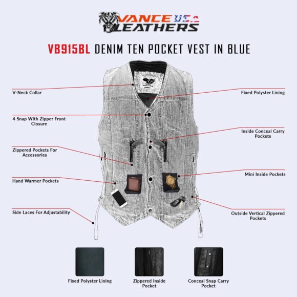 vance mens blue denim biker vest | ten pocket