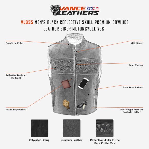 vance mens black reflective skull leather biker vest