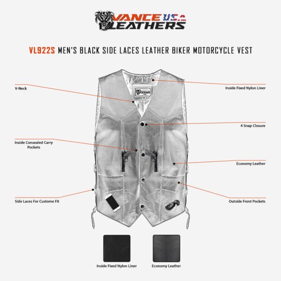vance mens black leather vest | side laces