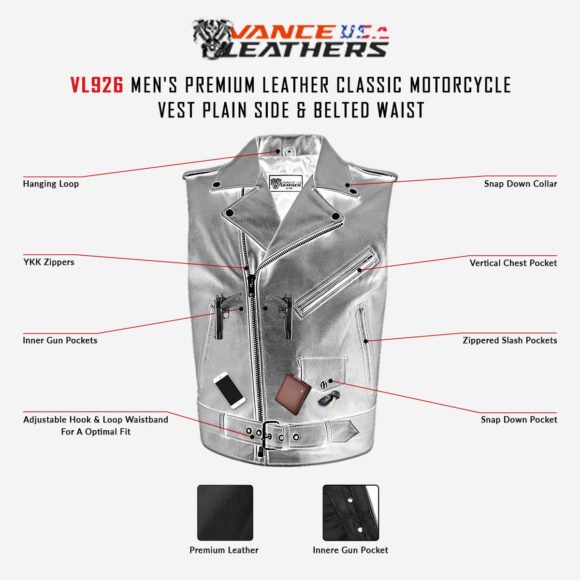 mens premium leather classic motorcycle vest | plain side | belted waist