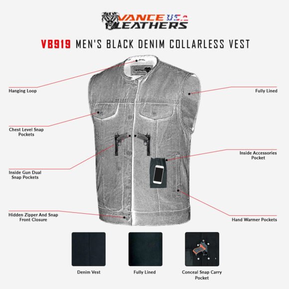 mens black denim collarless club style vest | conceal carry pockets