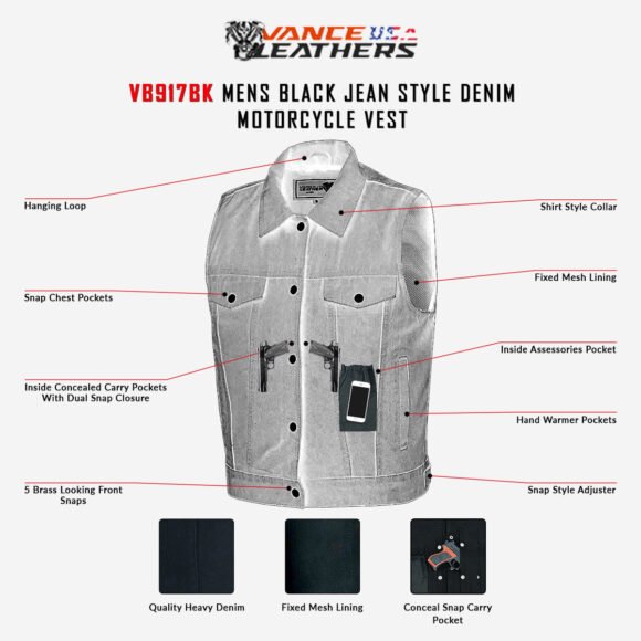 mens black jean style denim biker vest