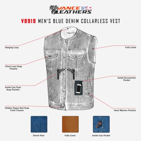 mens blue denim collarless club vest | ccw pockets