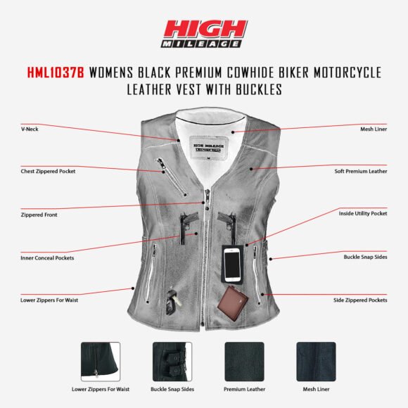 high mileage womens black leather vest | buckles