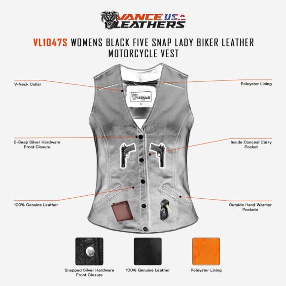 womens black leather lady vest | five snap