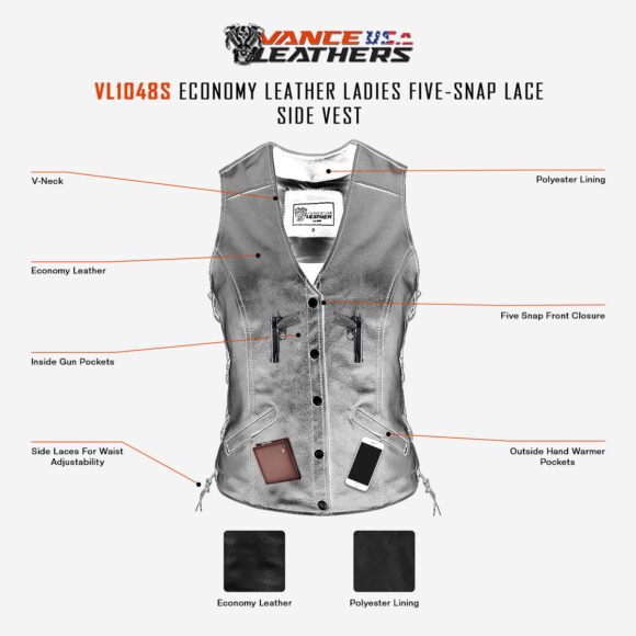 ladies leather economy five snap vest | lace side