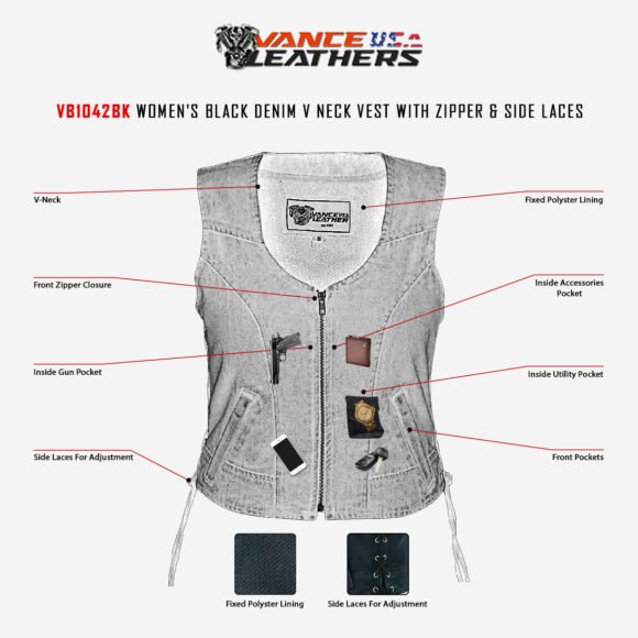 womens black denim v neck vest | zipper | side laces