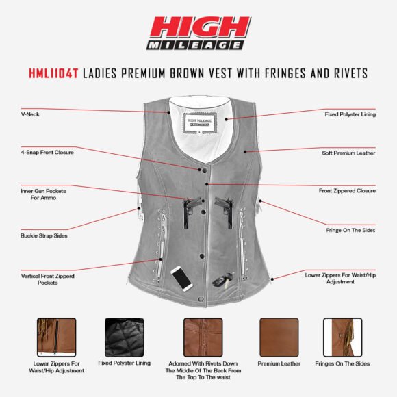 high mileage roxy ladies premium brown leather vest | fringes | rivets