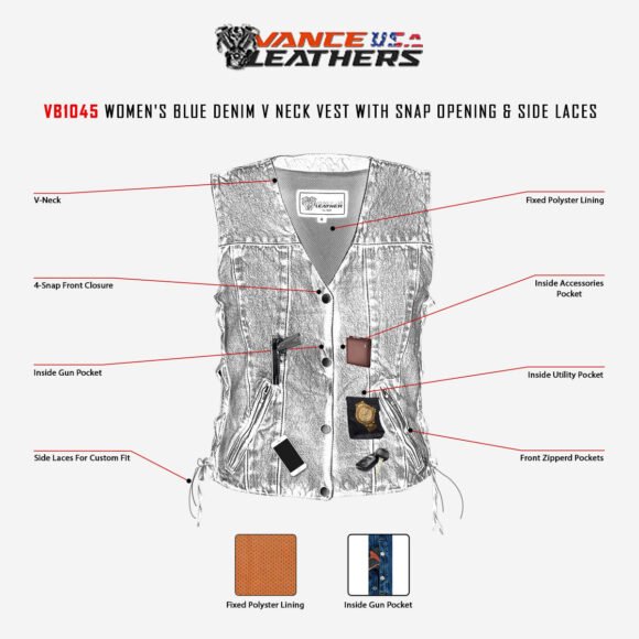 womens blue denim v neck vest| snap opening | side laces