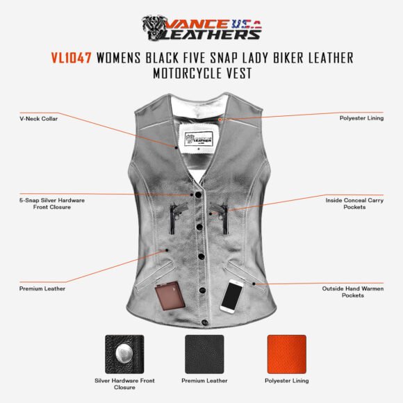 womens leather vest | five snap | conceal carry pocket