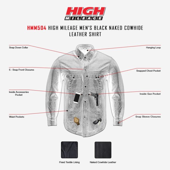 high mileage mens concealed carry black premium cowhide biker motorcycle leather shirt