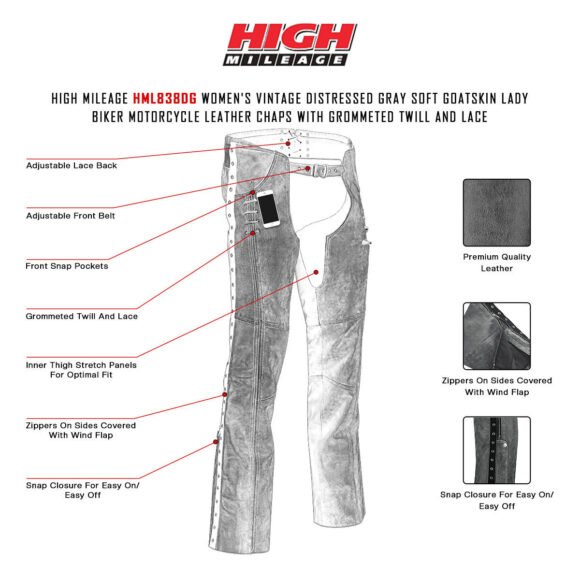 high mileage womens antique gray soft goatskin leather chaps | grommeted twill | lace