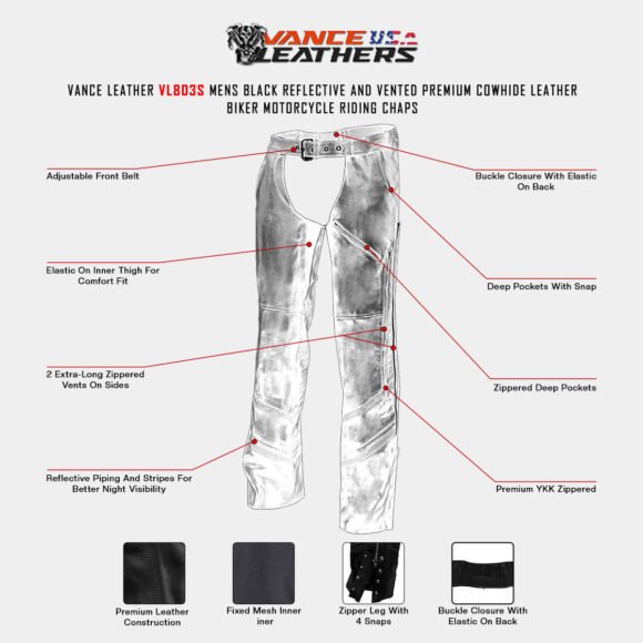 vance leather mens black reflective and vented premium cowhide leather biker motorcycle riding chaps