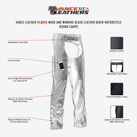 vance leather unisex classic black leather biker motorcycle riding chaps