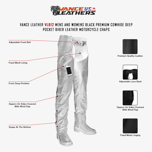 vance leather unisex black premium cowhide deep pocket biker leather motorcycle chaps
