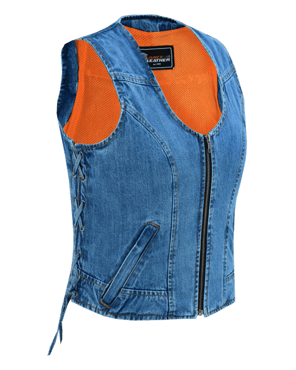 womens blue denim v neck vest | zipper and side laces