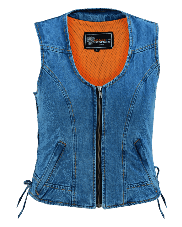 womens blue denim v neck vest | zipper and side laces