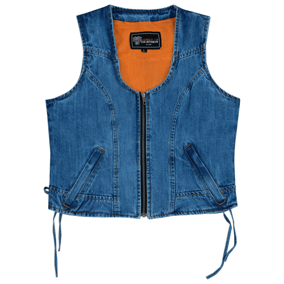 womens blue denim v neck vest | zipper and side laces