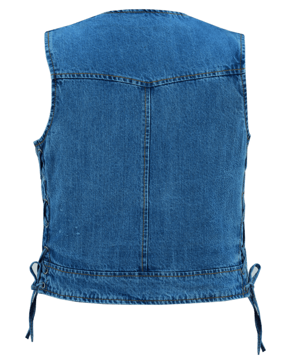 womens blue denim v neck vest | zipper and side laces