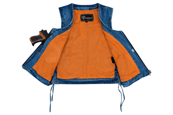 womens blue denim v neck vest | zipper and side laces