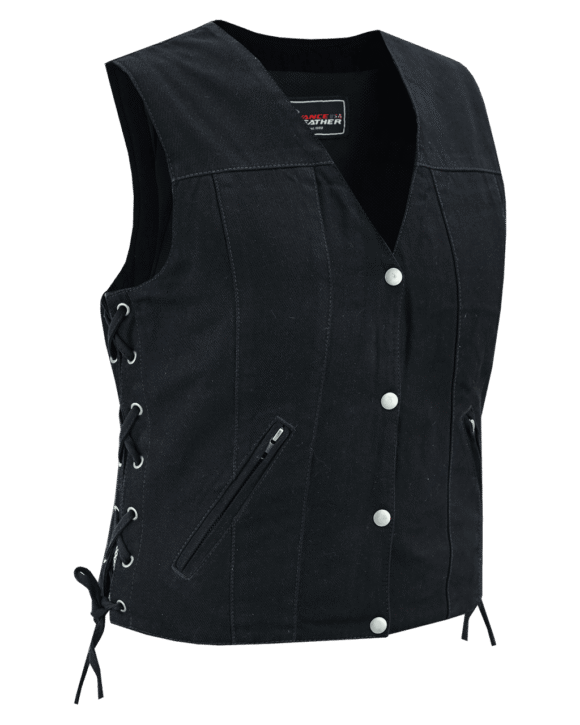womens black denim v neck vest | snap opening | side laces