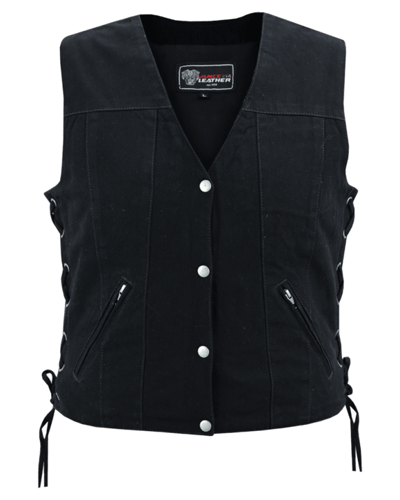 womens black denim v neck vest | snap opening | side laces