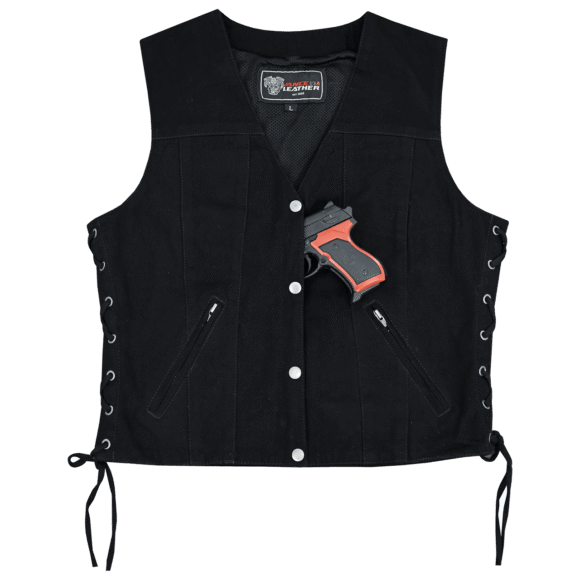 womens black denim v neck vest | snap opening | side laces