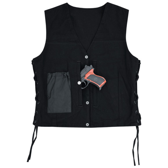 womens black denim v neck vest | snap opening | side laces