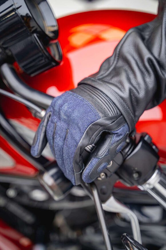 denim | leather riding gloves (black) with mobile phone touchscreen