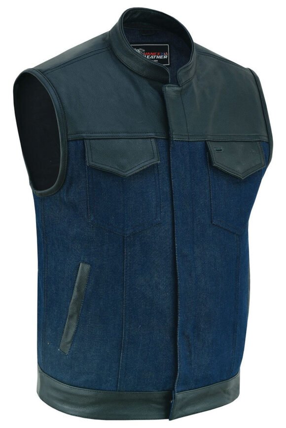 mens blue denim biker vest | leather trim