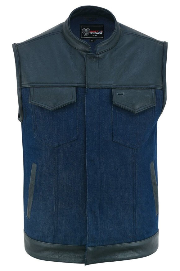 mens blue denim biker vest | leather trim
