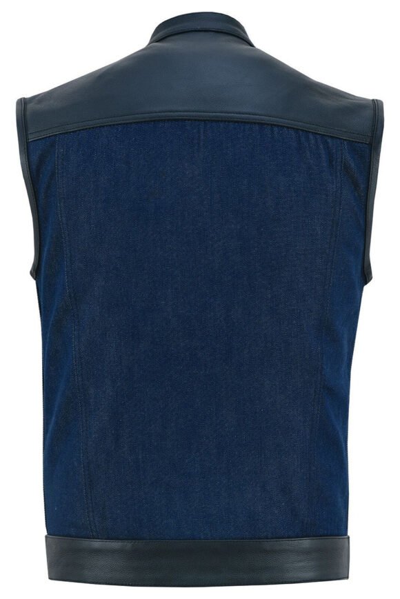 mens blue denim biker vest | leather trim