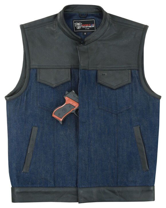 mens blue denim biker vest | leather trim