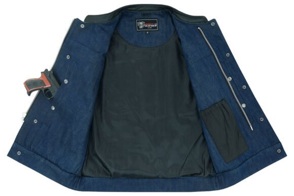 mens blue denim biker vest | leather trim