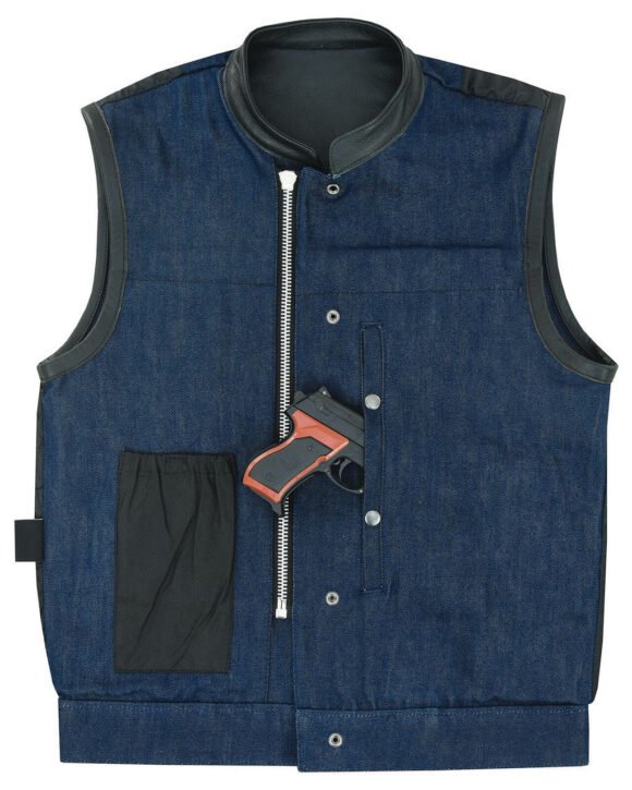 mens blue denim biker vest | leather trim