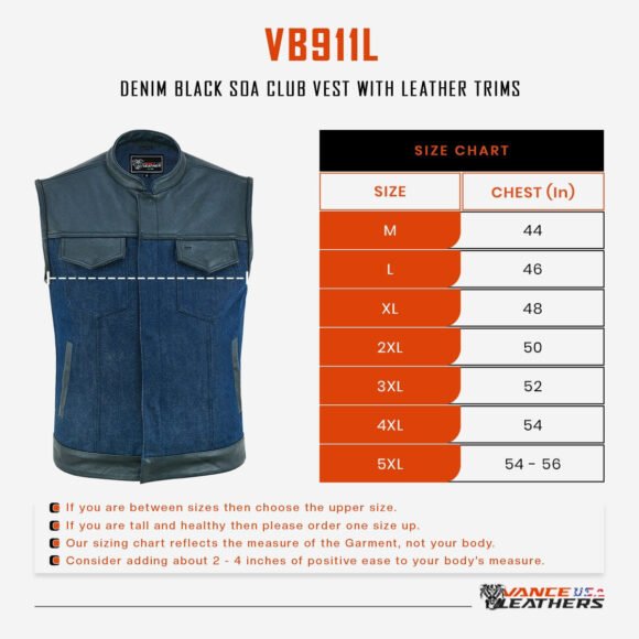 mens blue denim biker vest | leather trim