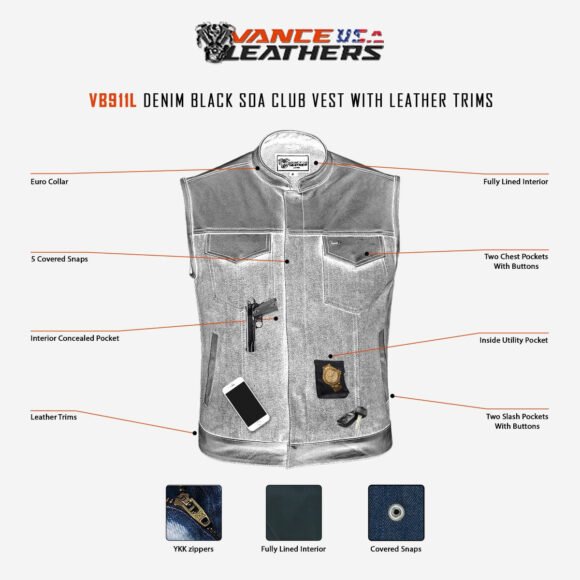 mens blue denim biker vest | leather trim