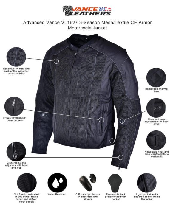 vance mens black advanced 3 season mesh/textile ce armor motorcycle jacket
